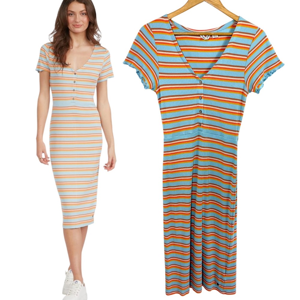 Roxy Ribbed Midi Dress Mโ Blue Orange Striped Lettuce Edge Retro Coastal Preppy